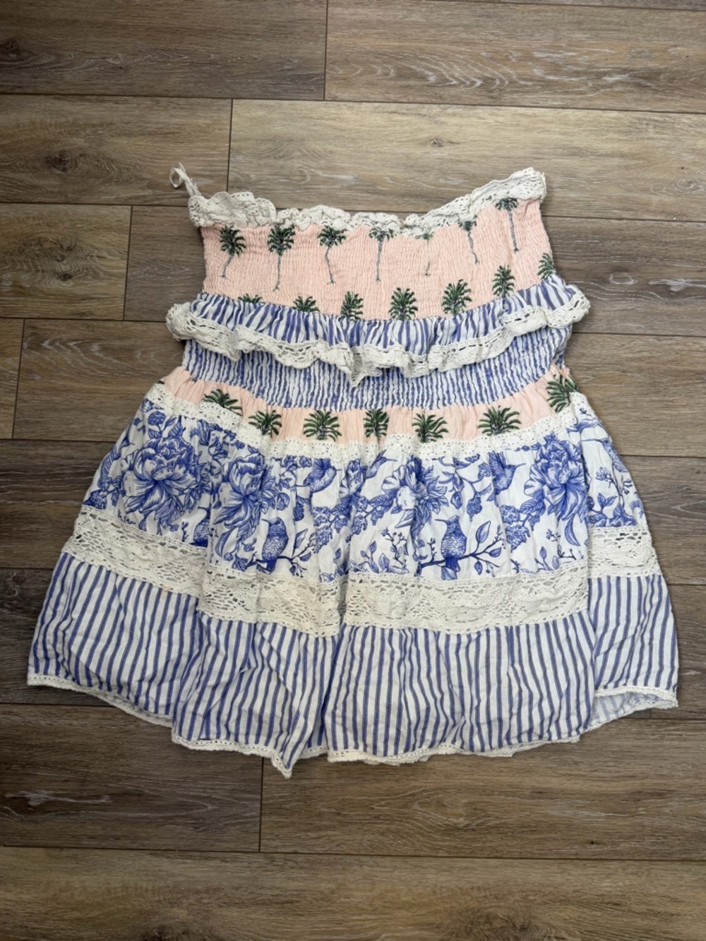Nuuly Boho Tiered Floral & Stripe Smocked Mini Dress Sz XXL